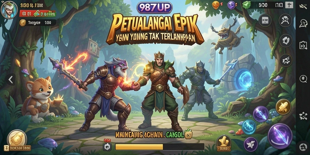 Tampilan gameplay seru dari 987UP yang menampilkan pertarungan dan petualangan.