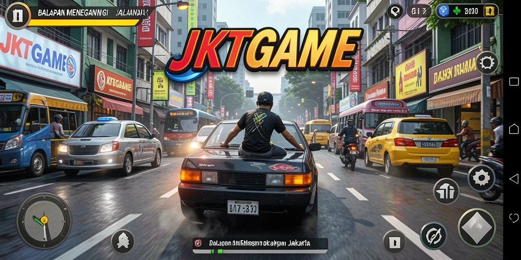 Screenshot gameplay JKTGAME menampilkan aksi balapan yang mendebarkan.