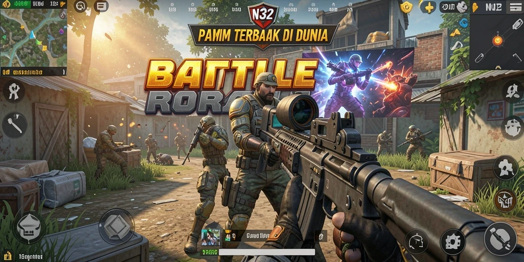 Tangkapan layar gameplay N32 yang mendebarkan dalam pertempuran Battle Royale.