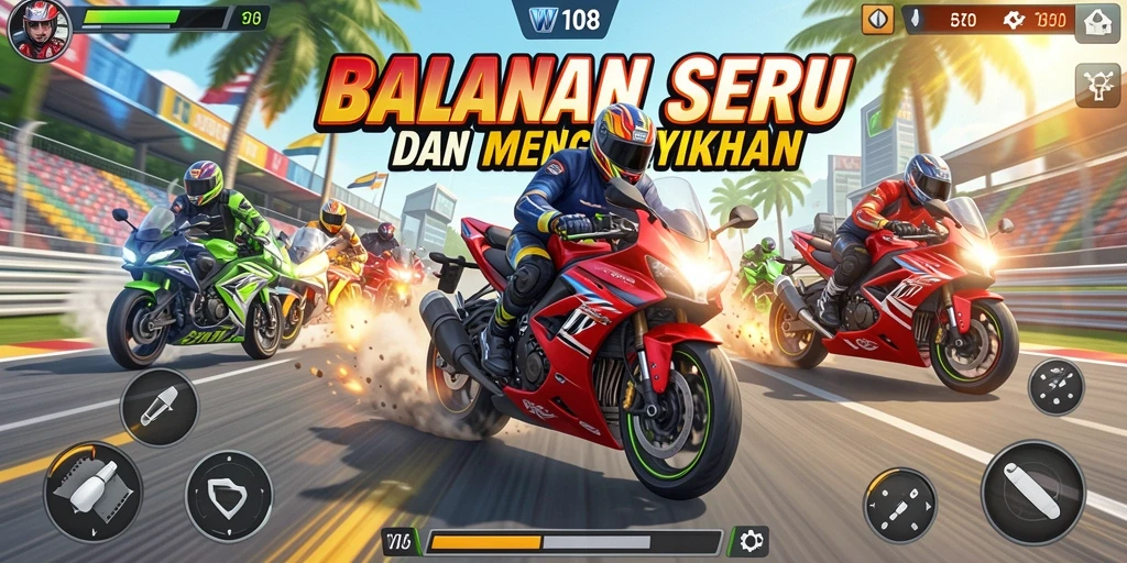 Tampilan gameplay VW108 yang penuh aksi balapan motor.
